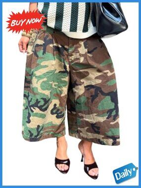 High Waist Wide Leg Camo Cargo Jeans Baggy Harem Capri Pants